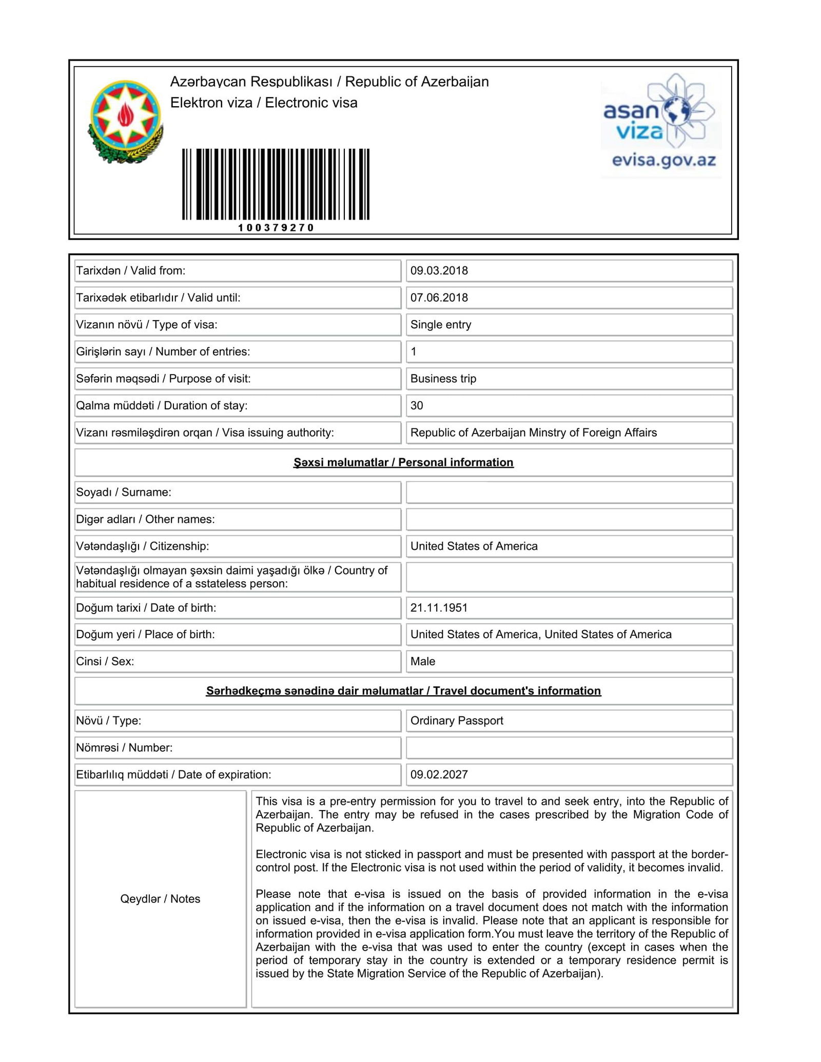 Azerbaijan Sample eVisa