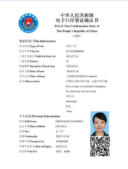 China Sample Visa