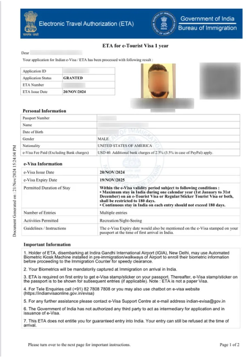 India Sample eVisa