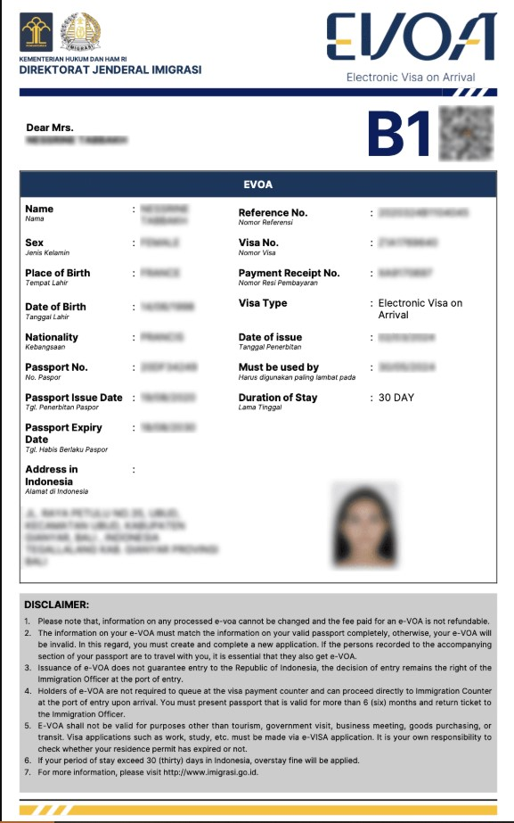 Indonesia Sample eVisa