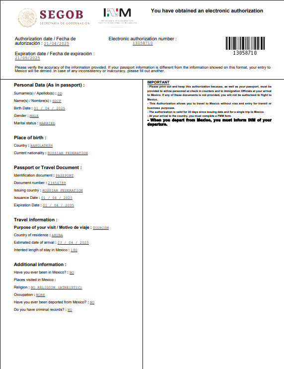 Mexico Sample Visa