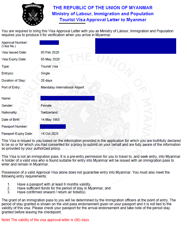 Myanmar Sample Visa