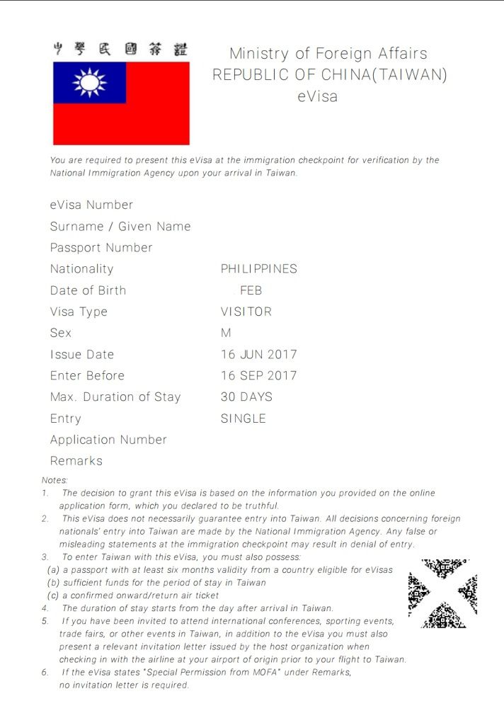 Taiwan Sample eVisa