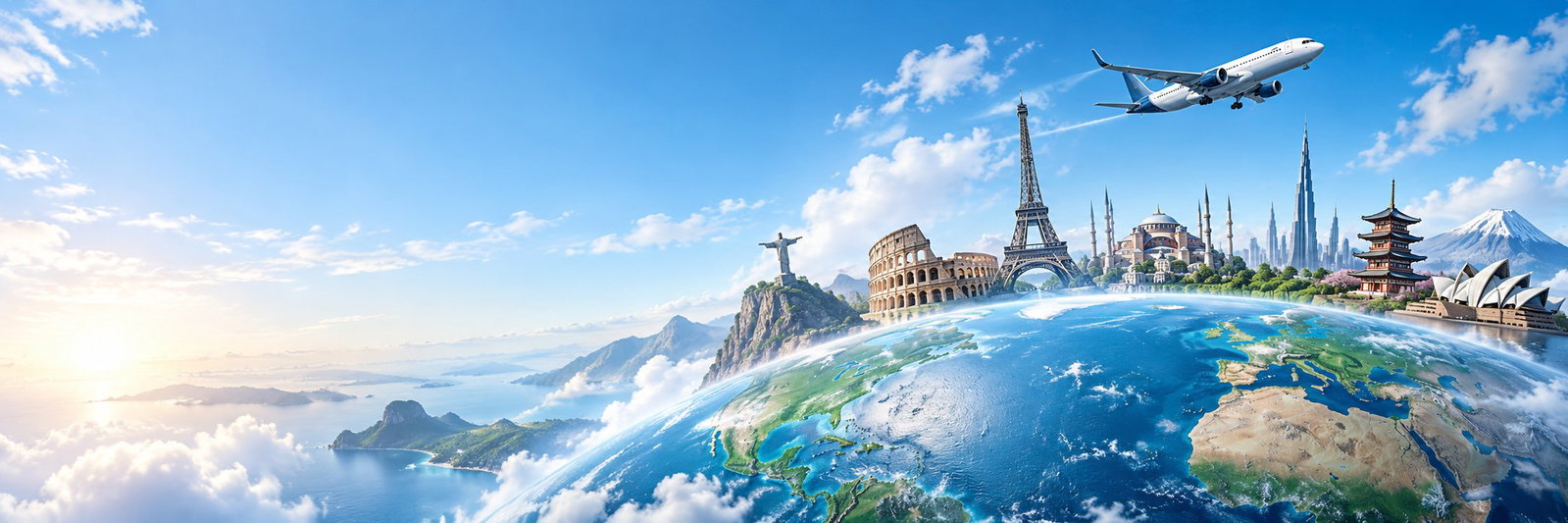 Global travel landmarks beneath a bright open sky